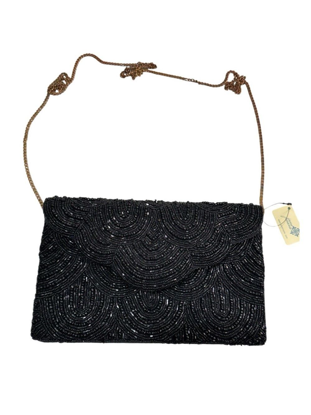 NWT Jane Marie Black Scallop Beaded Bag Clutch Crossbody Purse 9.5”